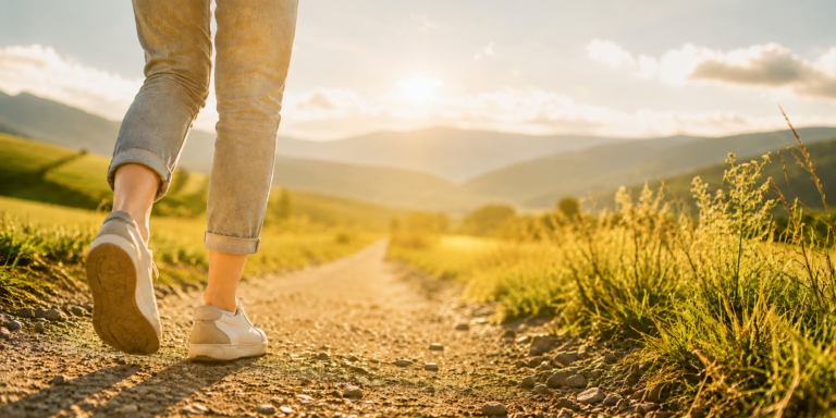 Personne marchant sur un chemin en pleine nature au lever du soleil, symbole d'un nouveau projet professionnel et d'une évolution de carrière.