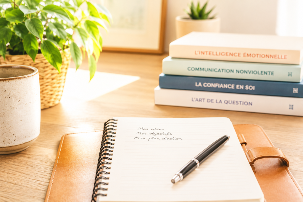 Carnet, stylo et ouvrages professionnels illustrant la formation continue et l'expertise en coaching et bilan de compétences.