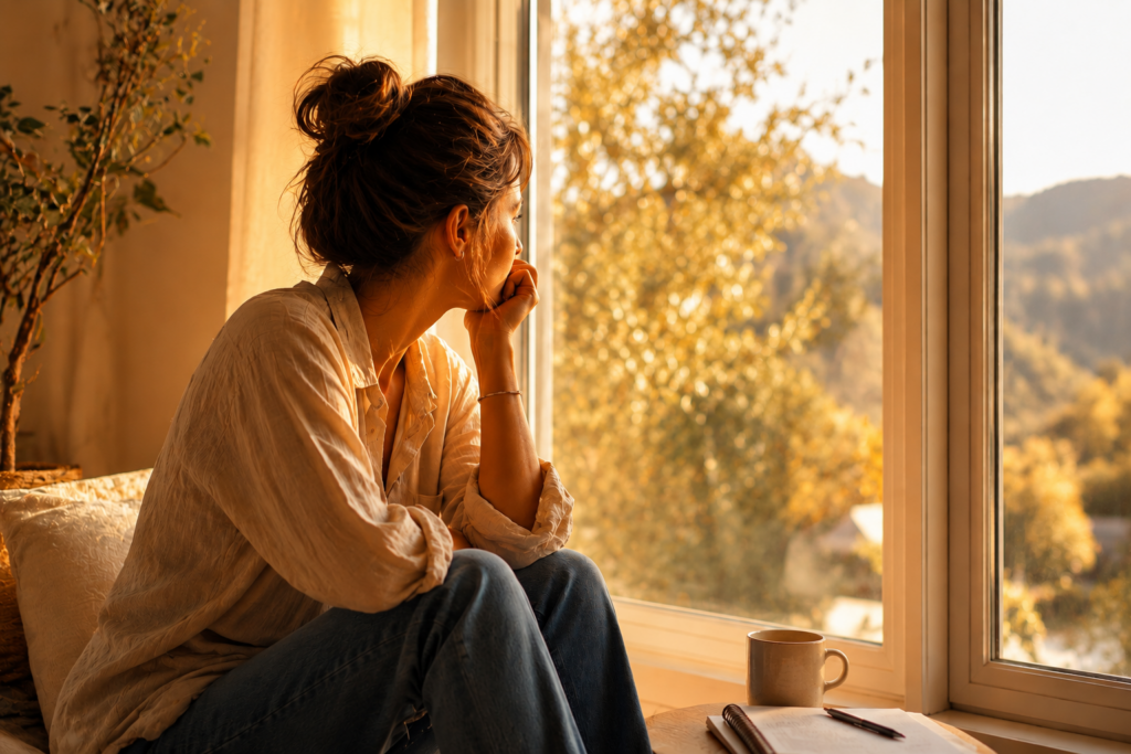 Personne assise près d'une fenêtre, regardant vers l'extérieur dans un moment de réflexion.