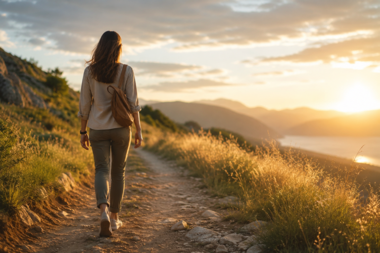 Personne marchant avec assurance sur un chemin de nature au lever du soleil.