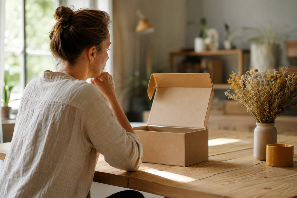 Personne réfléchissant devant une boîte ouverte, symbole d’un projet professionnel qui se construit progressivement