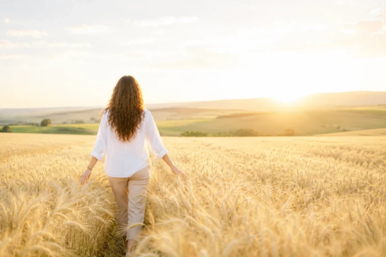 Personne marchant de dos dans un champ de blé au lever du soleil, illustrant un bilan de compétences, une reconversion ou une transition professionnelle à Haguenau.