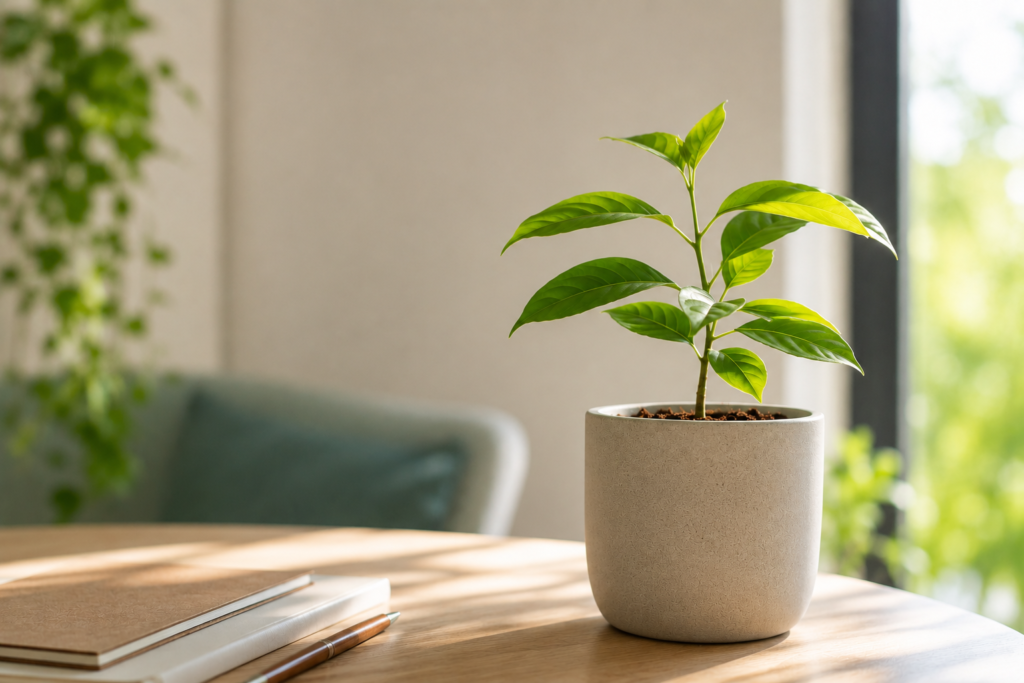 Jeune plante en pleine croissance, symbole du développement personnel, de la confiance en soi et de l'évolution professionnelle.