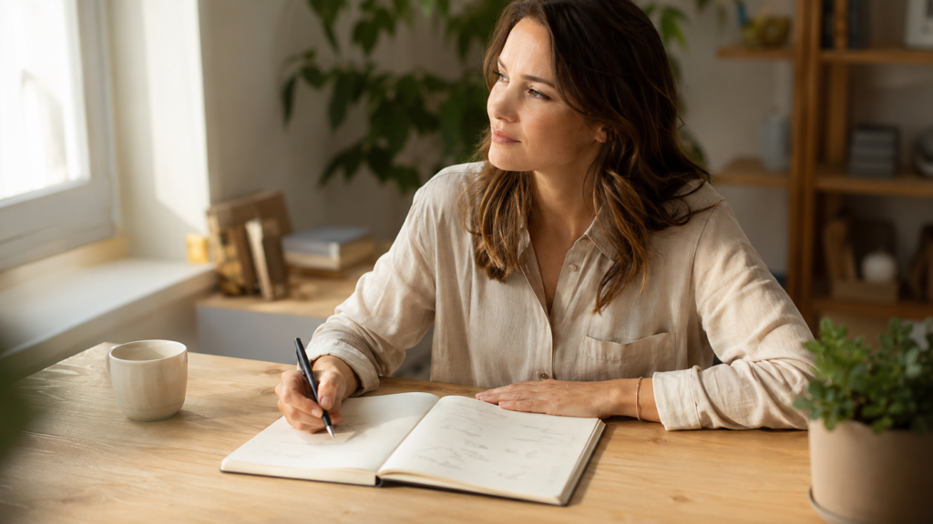 Femme réfléchissant à sa situation professionnelle devant un cahier